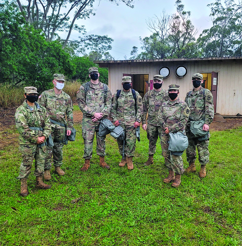 OSJA Soldiers with the 311th Signal Command (Theater) participate in January Battle Assembly with a trip through the gas chamber at Schofield Barracks. Pictured left to right: SPC Perez (TPU), MAJ Schmidt (AGR), SGT Michaud (AC), SGT Carter (TPU), SPC Schaber (AC), WO1 Tugaoen (TPU), and CPT Brow (TPU).